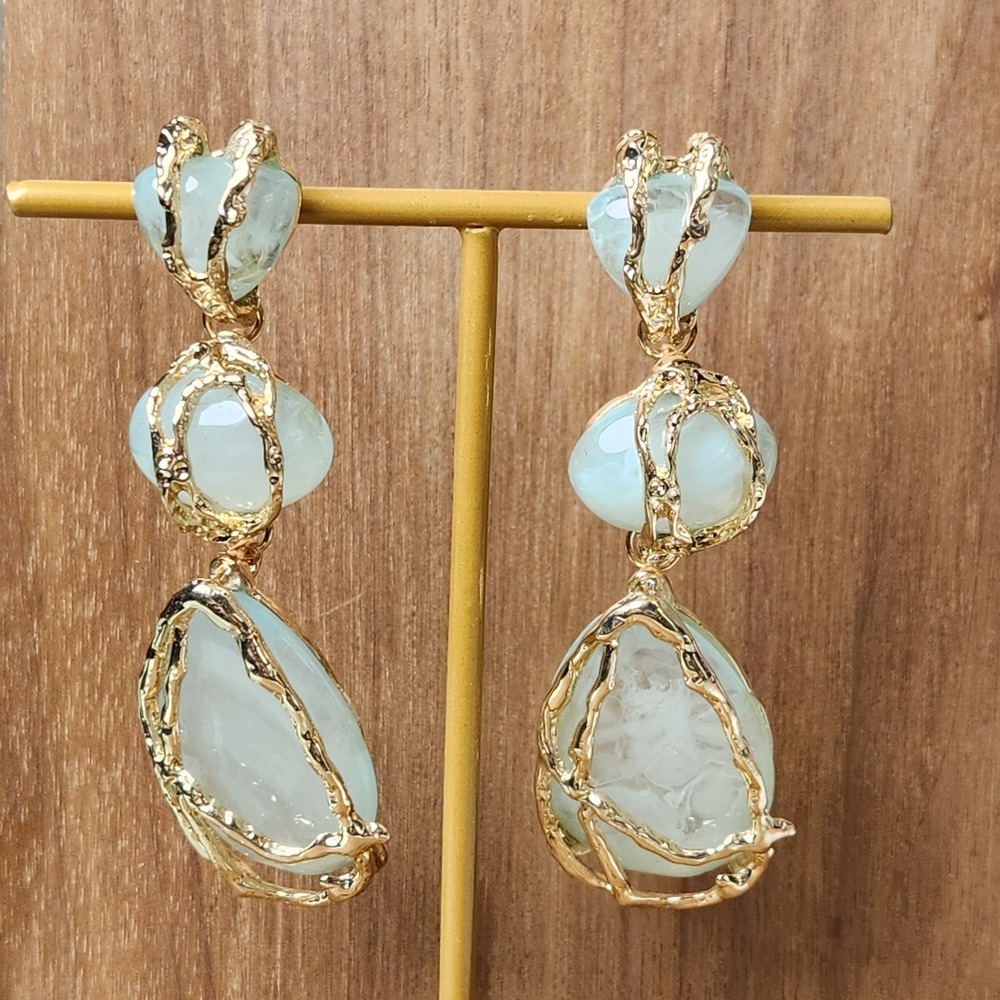 Gold Tone Pale Aqua Stone Triple Drop Statement Earrings Caged Teardrop Heart